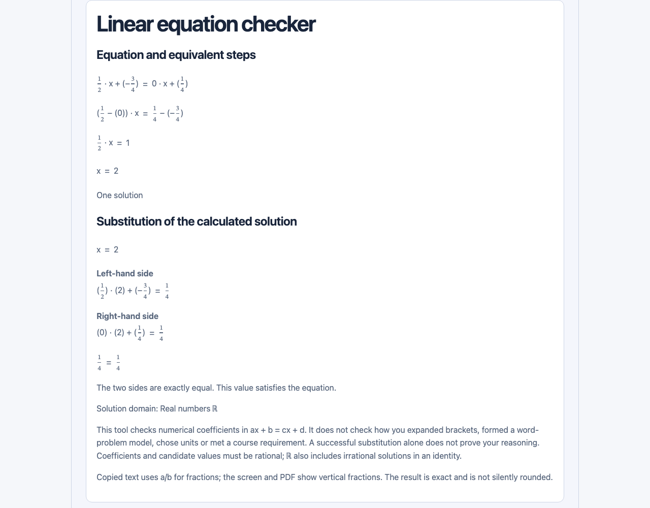 MomentDesk linear equation checker showing exact equivalent steps and substitution.