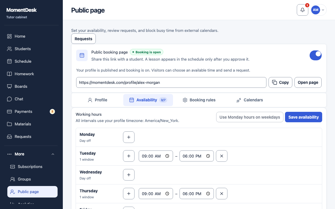 The Availability tab of the MomentDesk public page, with working hours per weekday and the note that intervals use the tutor's profile time zone.
