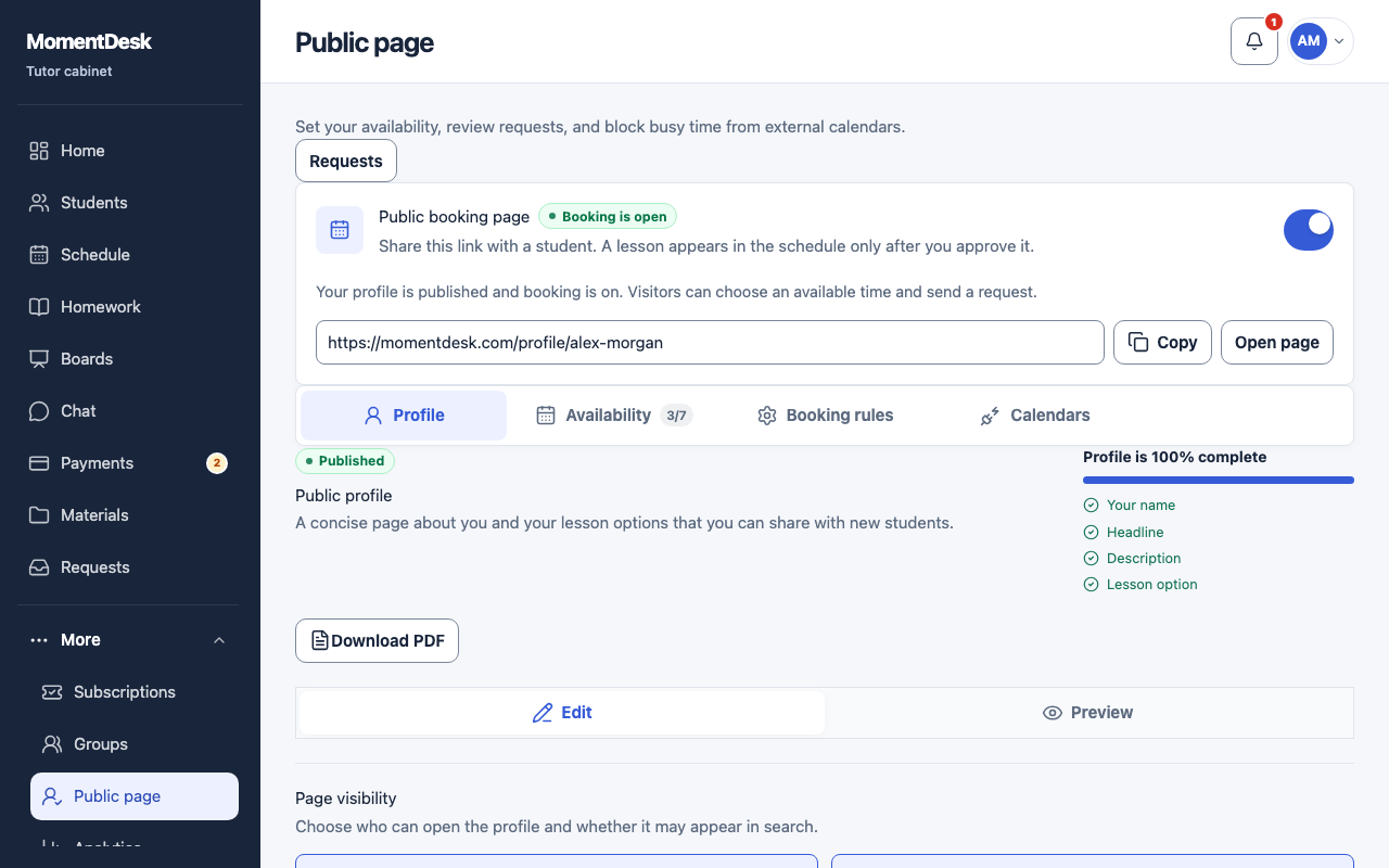 The public profile editor in MomentDesk, with the headline, the about text and the subjects offered for booking.