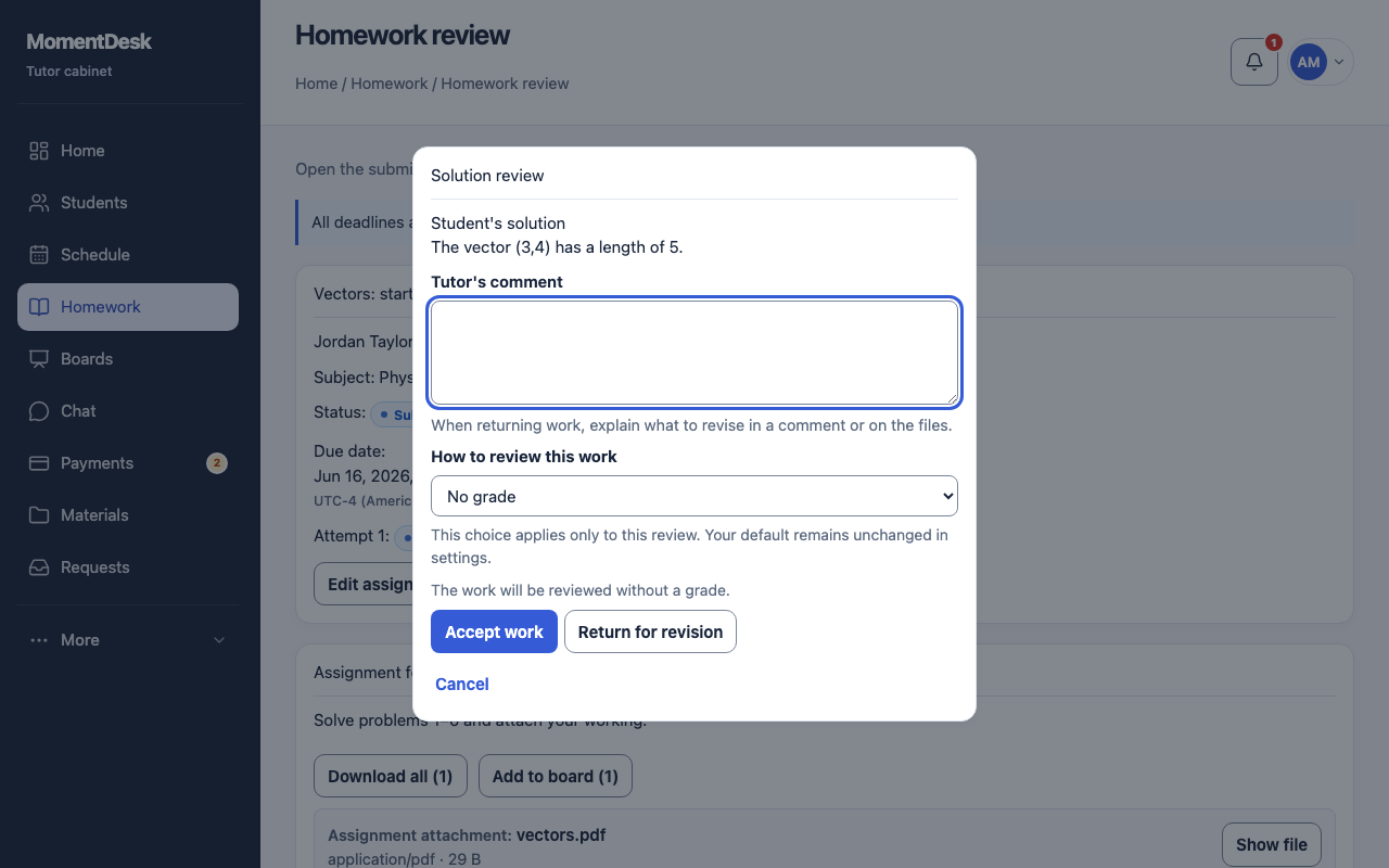 The MomentDesk homework review dialog with the student's answer, grading options, a feedback field and buttons to accept the work or return it for revision.