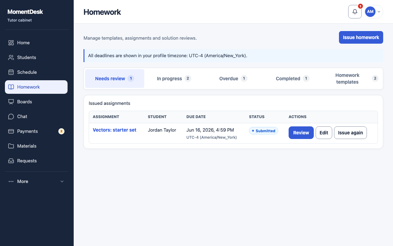 The MomentDesk Homework page for a tutor, with the Needs review, In progress, Overdue, Completed and Library views and a list of assignments.