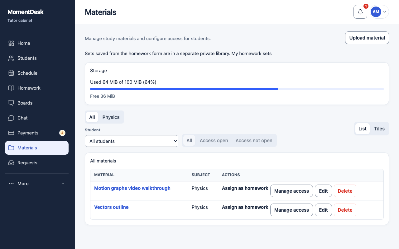 The MomentDesk Materials page, listing uploaded study materials with their access status and the storage used.