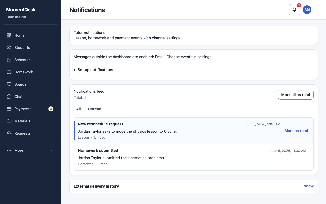 The MomentDesk notification center for a tutor, listing recent notifications with the option to show unread only.