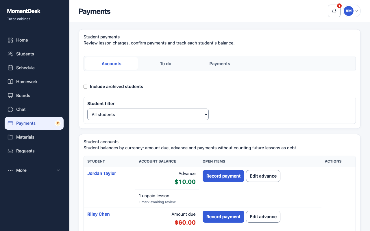 The Accounts view of MomentDesk payments, showing each student's balance in USD and the buttons to record a payment or edit the advance.