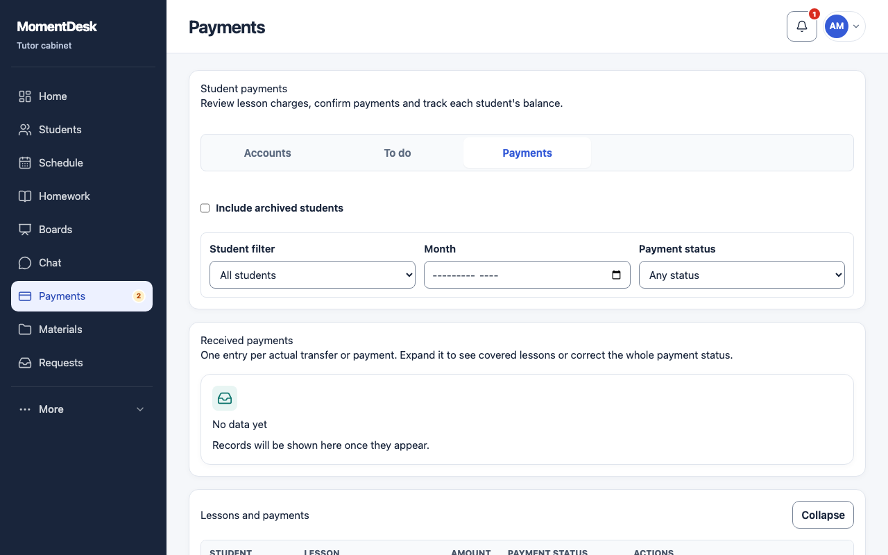 The Payments view of MomentDesk payments, listing received payments in USD with their date, source and status.