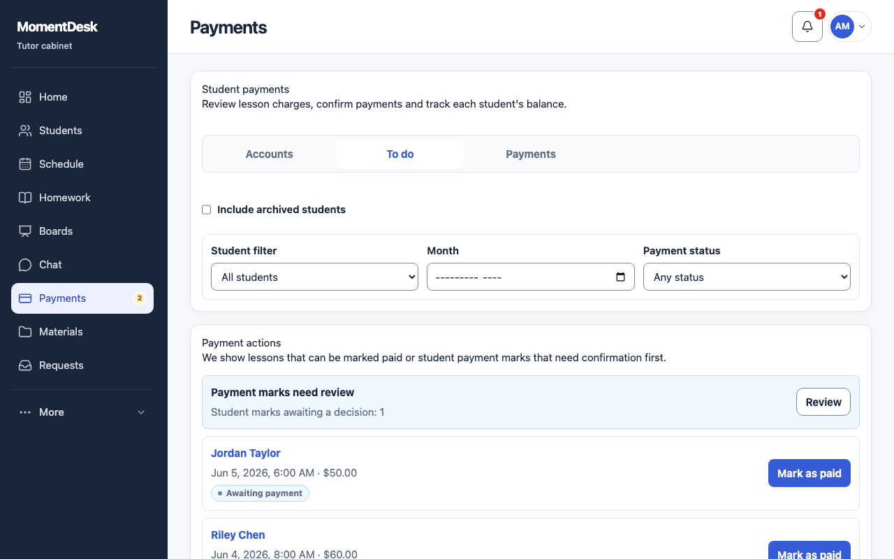 The To do view of MomentDesk payments, showing the payment marks students sent and the buttons to confirm or reject them.