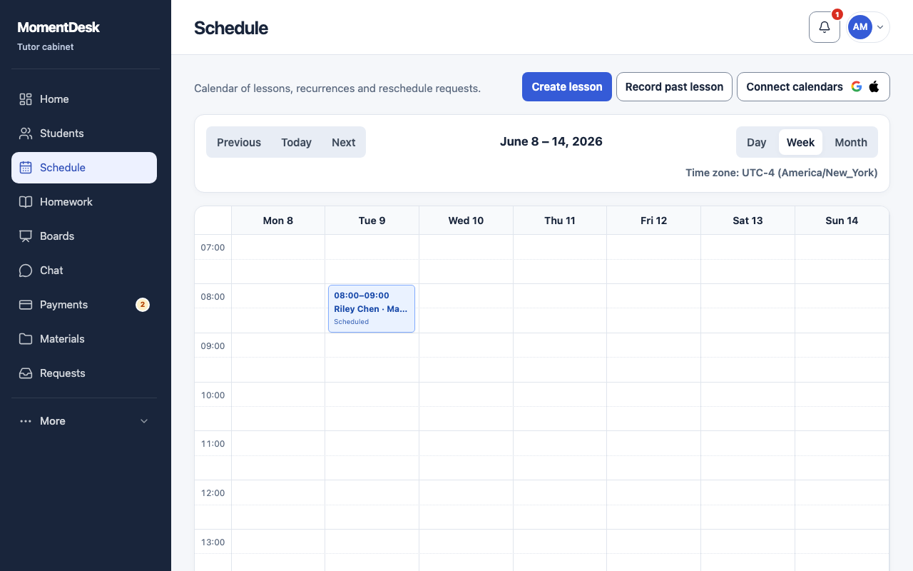 The weekly MomentDesk schedule with fictional lessons and the selected time zone.