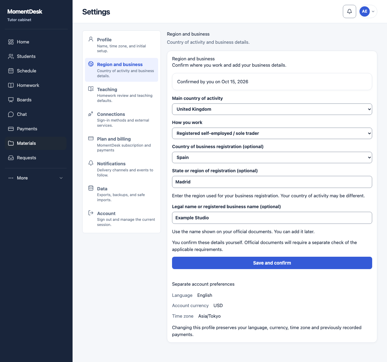 MomentDesk Region and business settings with a country of activity, optional registration details and a separate confirmation action.