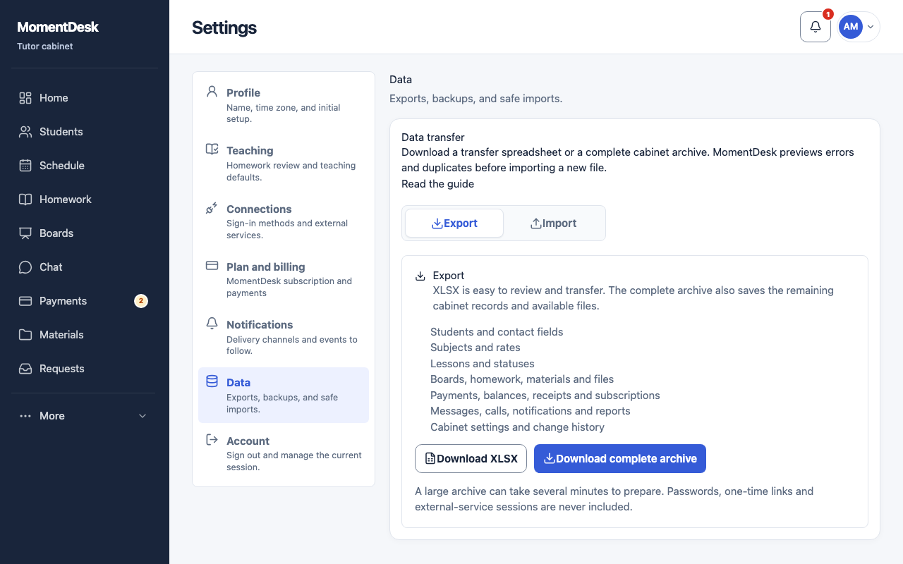 The Data section of MomentDesk tutor settings, with the buttons to download an XLSX workbook or a complete archive and the four import steps.