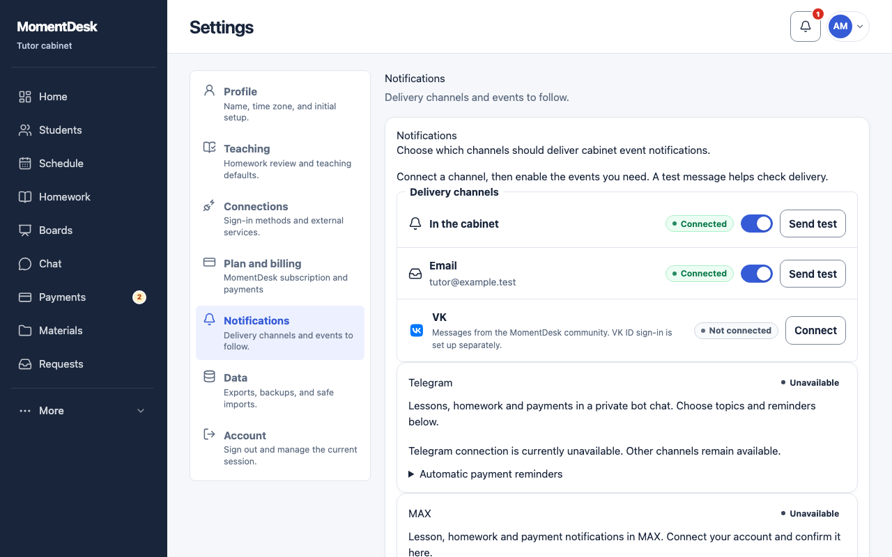 The Notifications section of MomentDesk tutor settings, with the delivery channels, the topics to follow and the lesson and homework reminders.