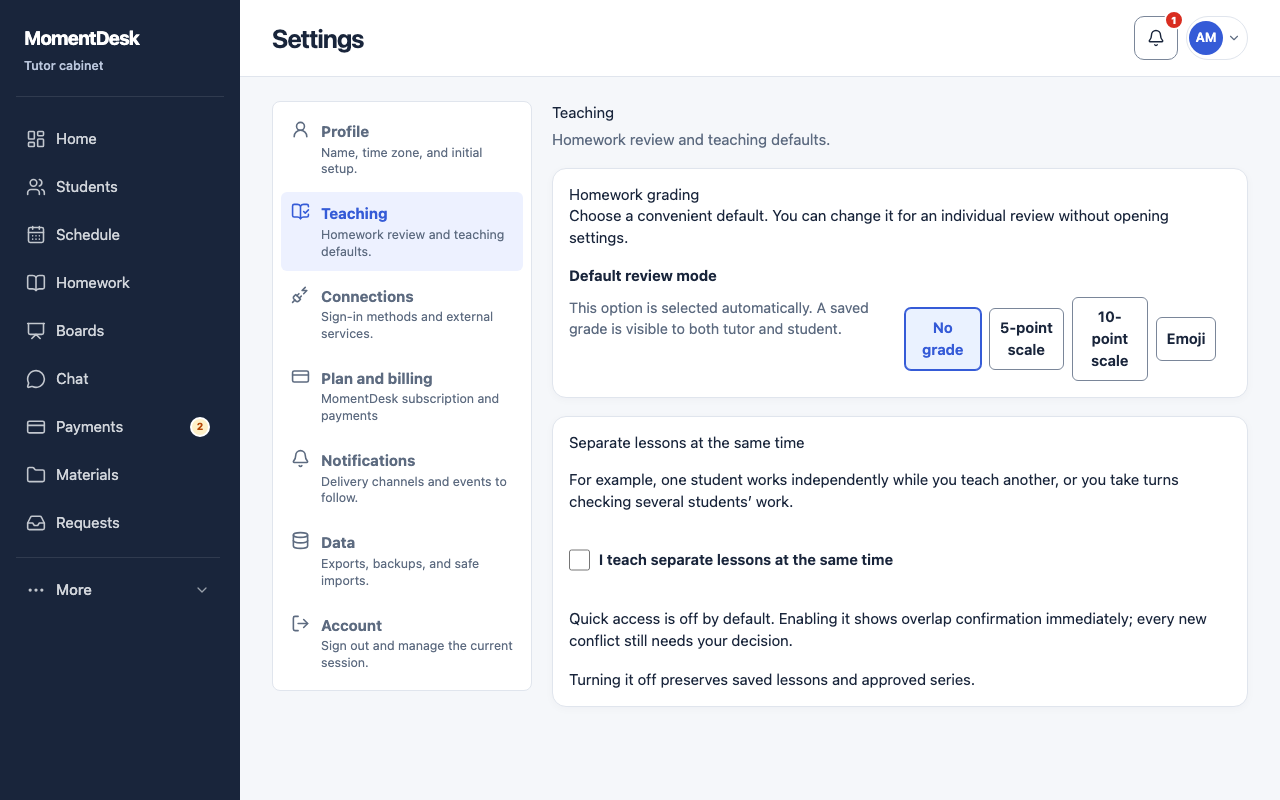 The Teaching section of MomentDesk tutor settings, with the homework grading default and the setting for separate lessons at the same time.