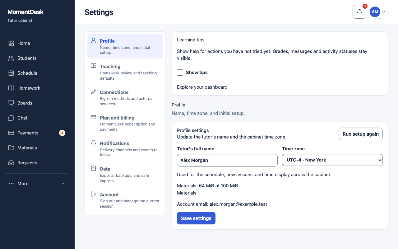 The Profile section of MomentDesk tutor settings, with the tutor's name, time zone and account email.