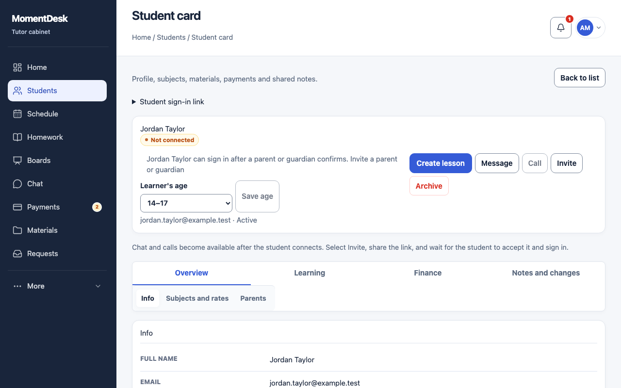 A MomentDesk student record for a 14 to 17 learner, with the note that the learner can sign in after a parent or guardian confirms and a link to invite a parent or guardian.