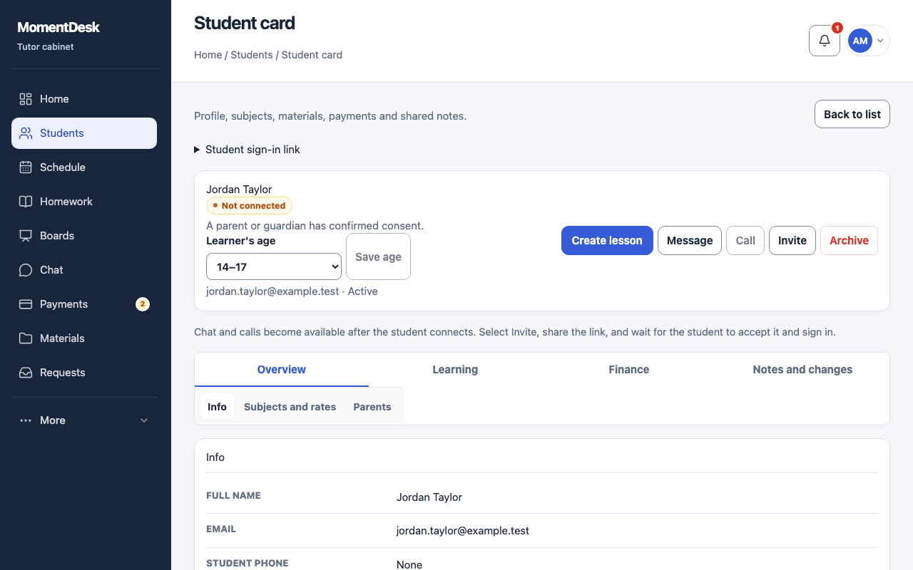 A MomentDesk student record showing the learner's name, connection status, the learner age control, and buttons to message, call, invite and archive the student.