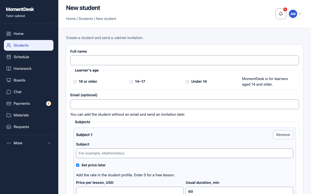 The MomentDesk New student form with Full name, the Learner's age choices 18 or older, 14 to 17 and Under 14, an optional email, and a subject with its price per lesson in USD and usual duration.