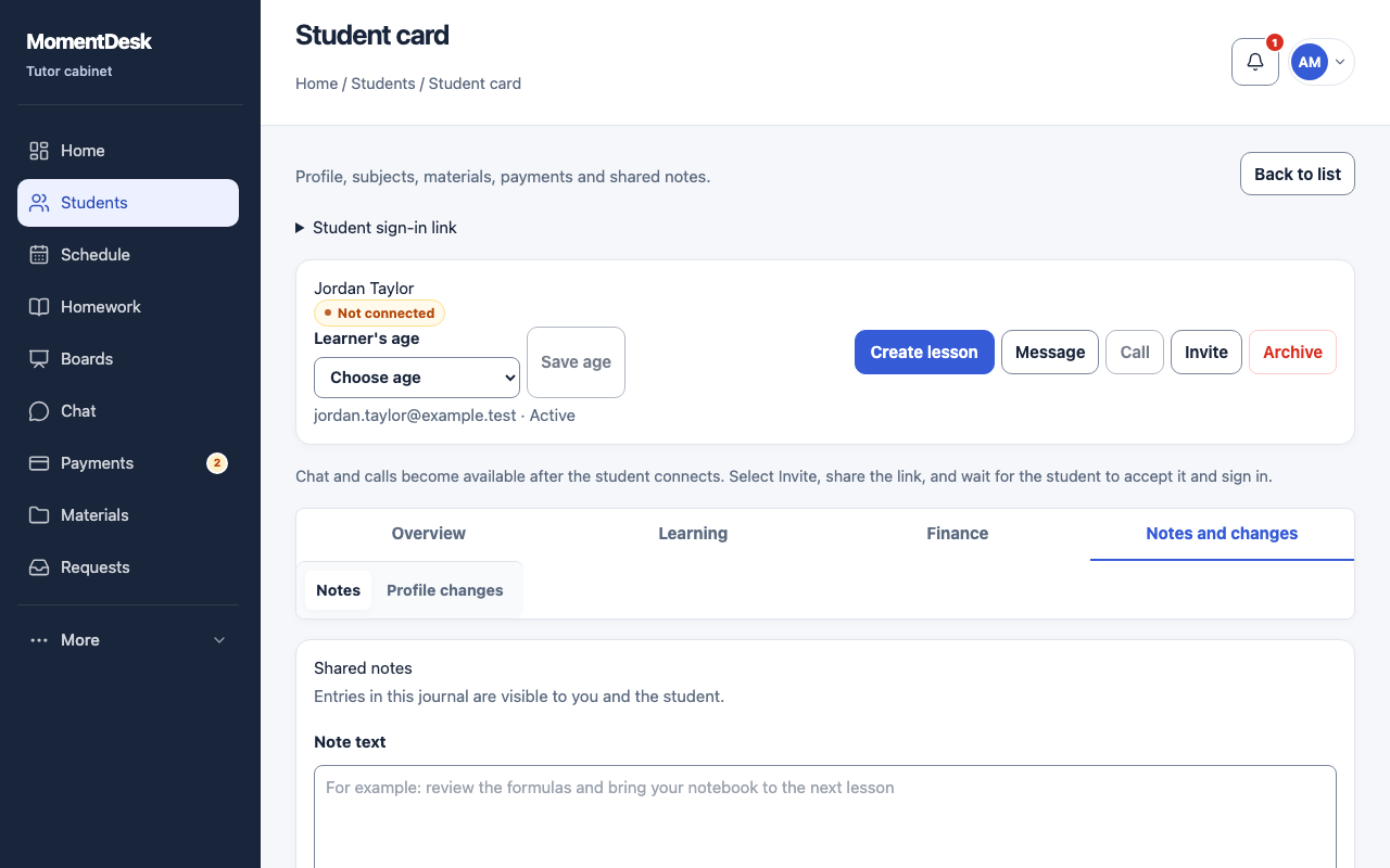 The Notes tab of a MomentDesk student record, showing shared notes the student can read and the field for adding another note.