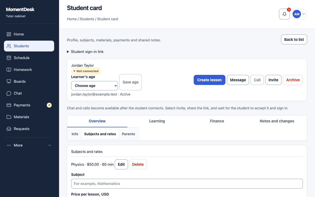The Subjects and rates tab of a MomentDesk student record, with the subject, the price per lesson in USD and the usual lesson length.