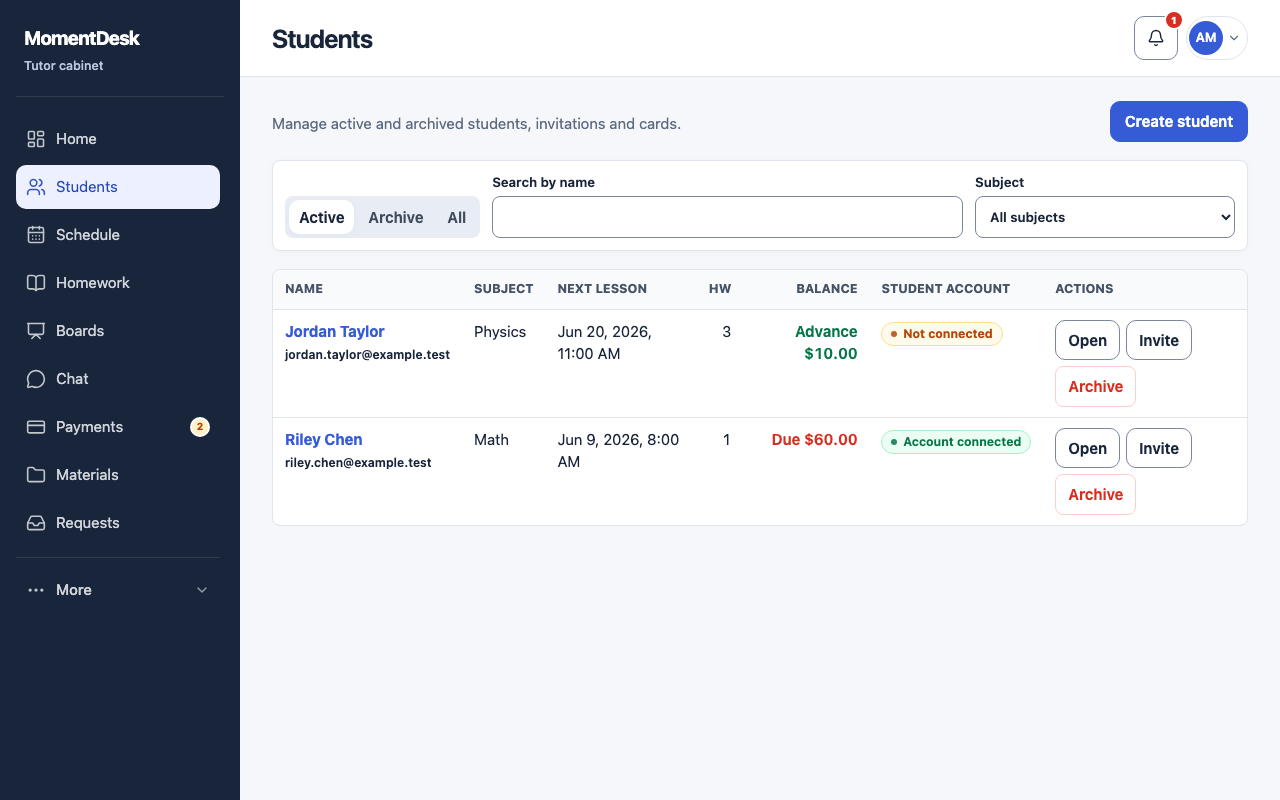 The MomentDesk Students list with two active students, their subjects and their invitation status.