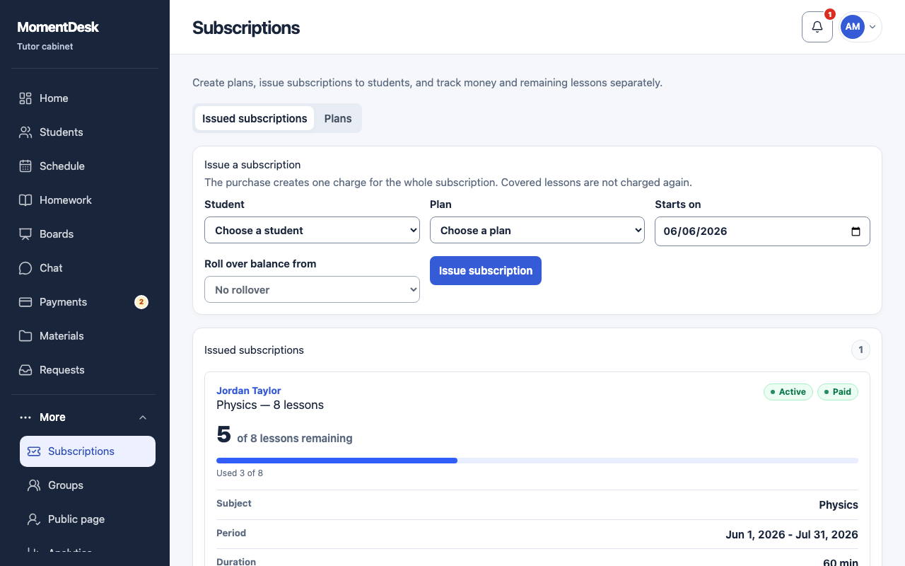 The MomentDesk Subscriptions page, listing a lesson package with the lessons remaining and its validity dates.